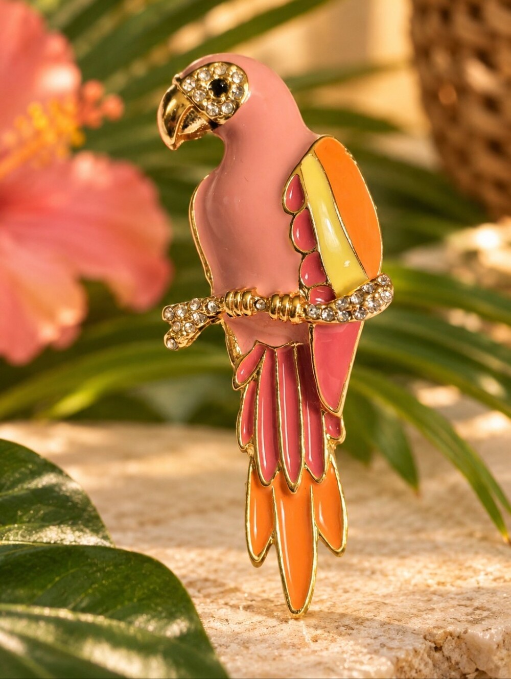 Talbots Pink Parrot Brooch Rhinestone Crystal Bird Pin Gold Tone Enamel